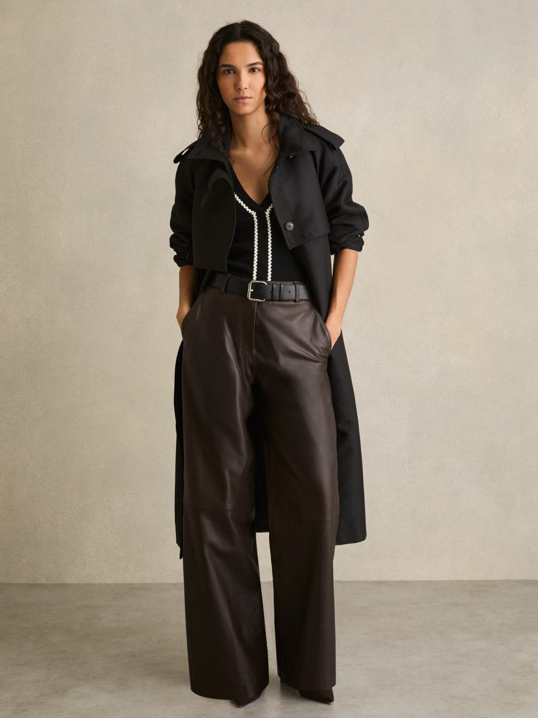 Leather Wide Leg Trousers in Chocolate Women | Reiss