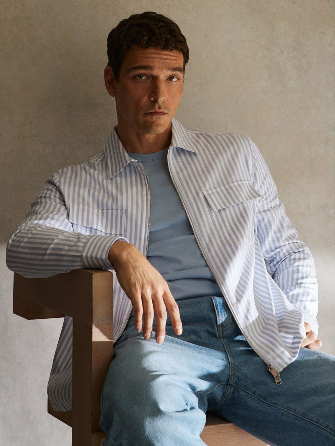 Cotton Stripe Zip-Through Shirt in White/Soft Blue Men | Reiss