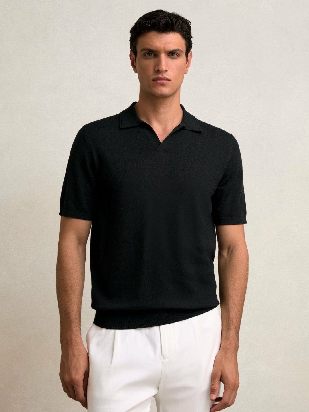 Merino Wool Open Collar Polo Shirt in Black Men | Reiss