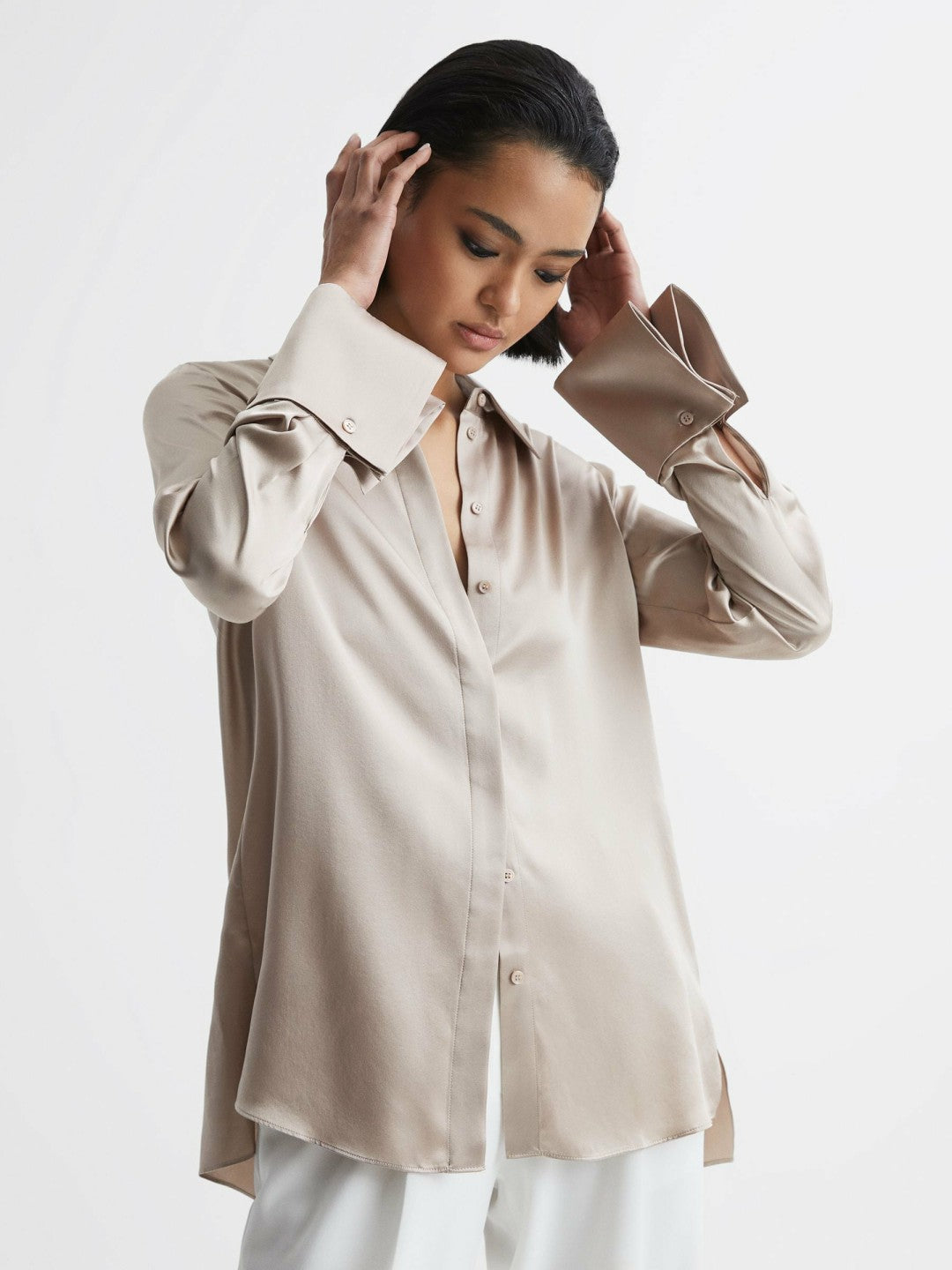 Silk Double-Cuff Button-Through Shirt in Champagne Women | Reiss