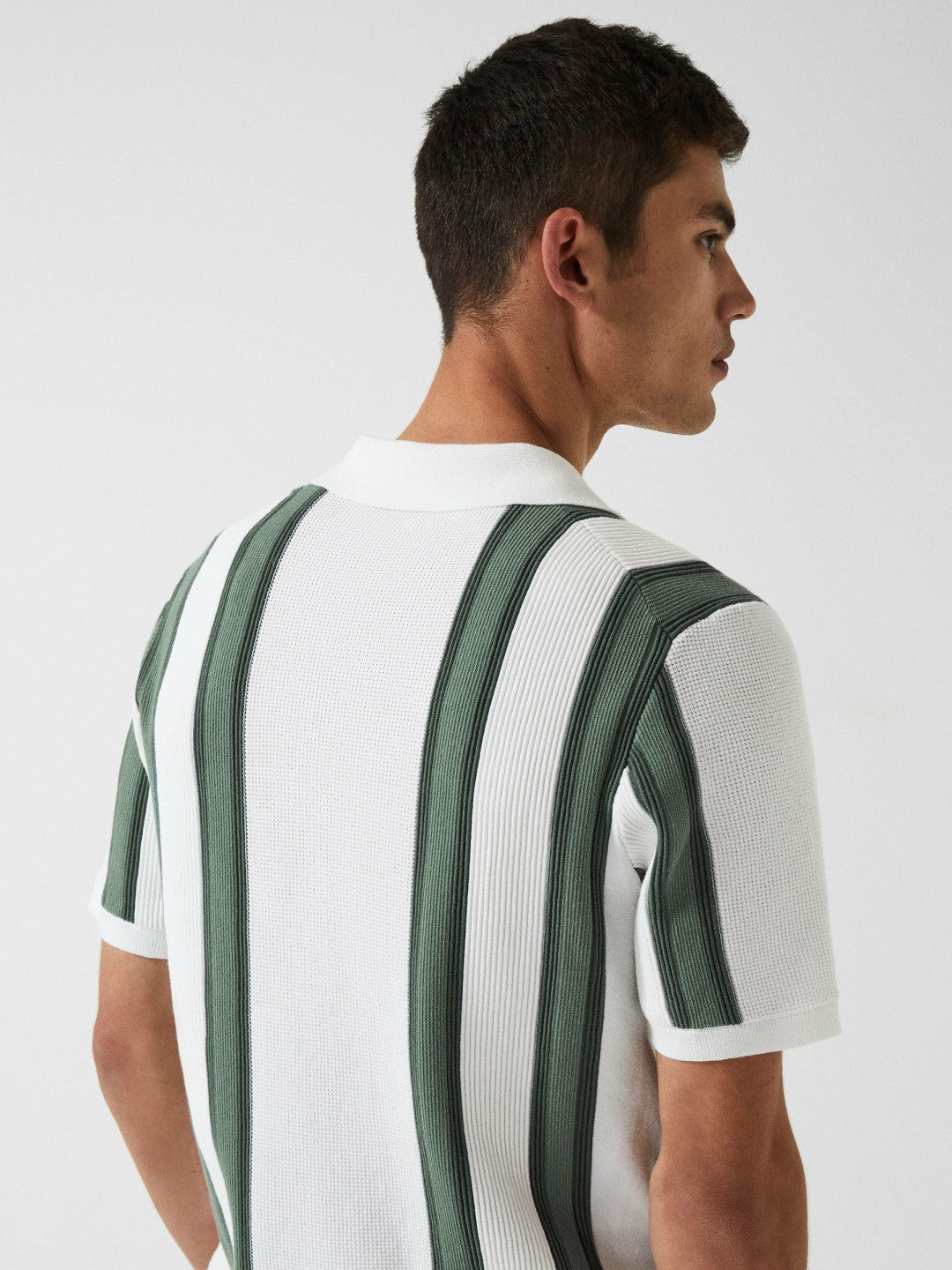 Open Collar Striped Polo T-Shirt in White/Sage Men | Reiss