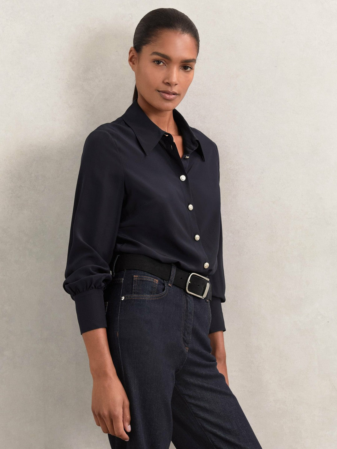 Silk Embossed-Button Shirt in Navy Women | Reiss