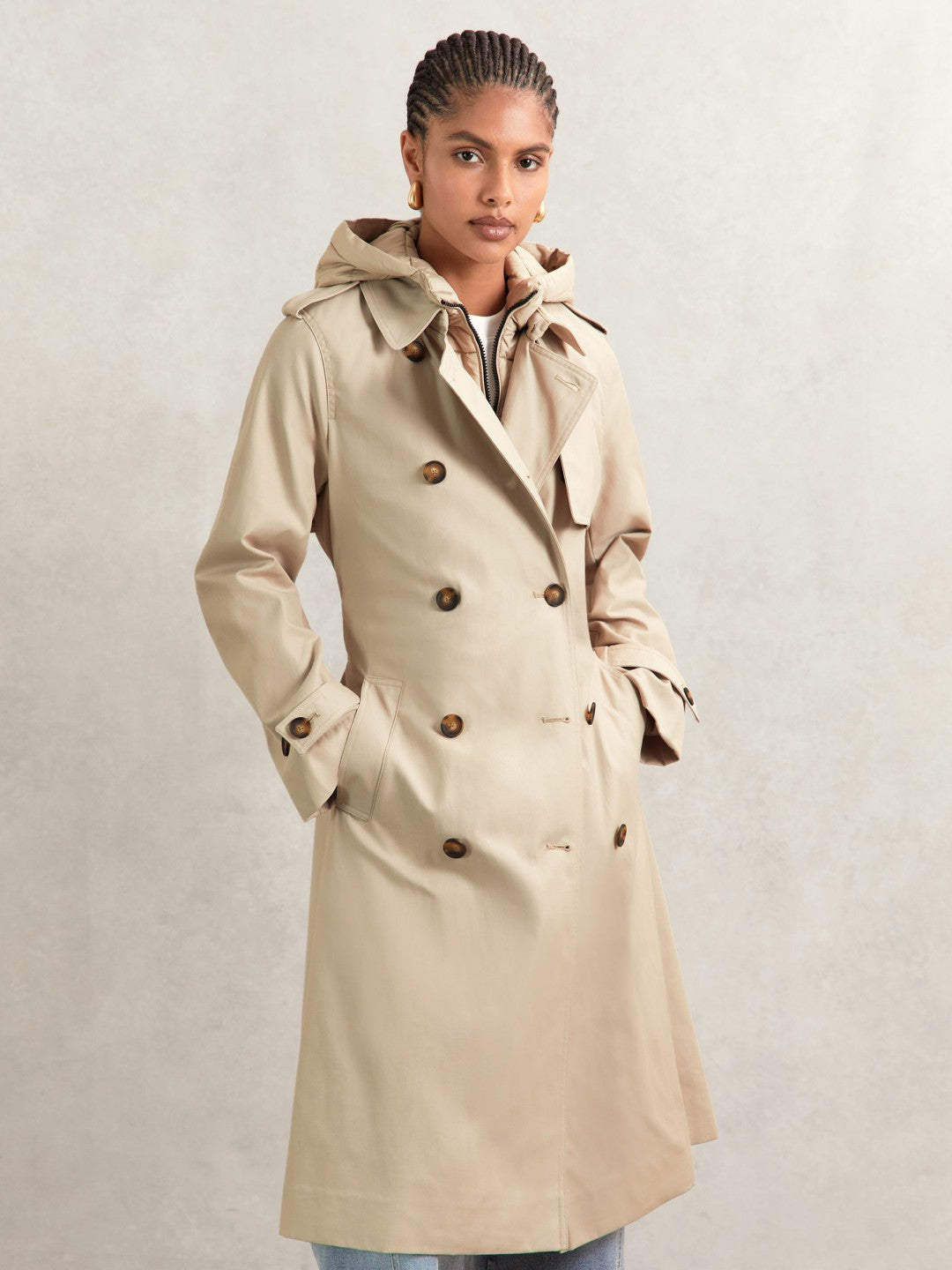 Petite Hooded Insert Trench Coat in Stone Women | Reiss