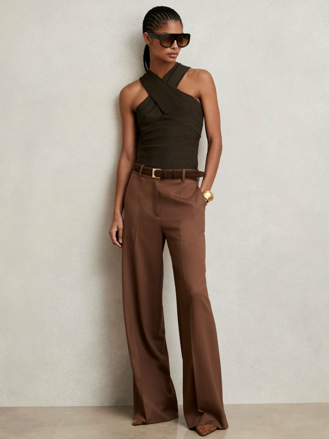 Cross Neck Textured Top in Chocolate Women | Reiss