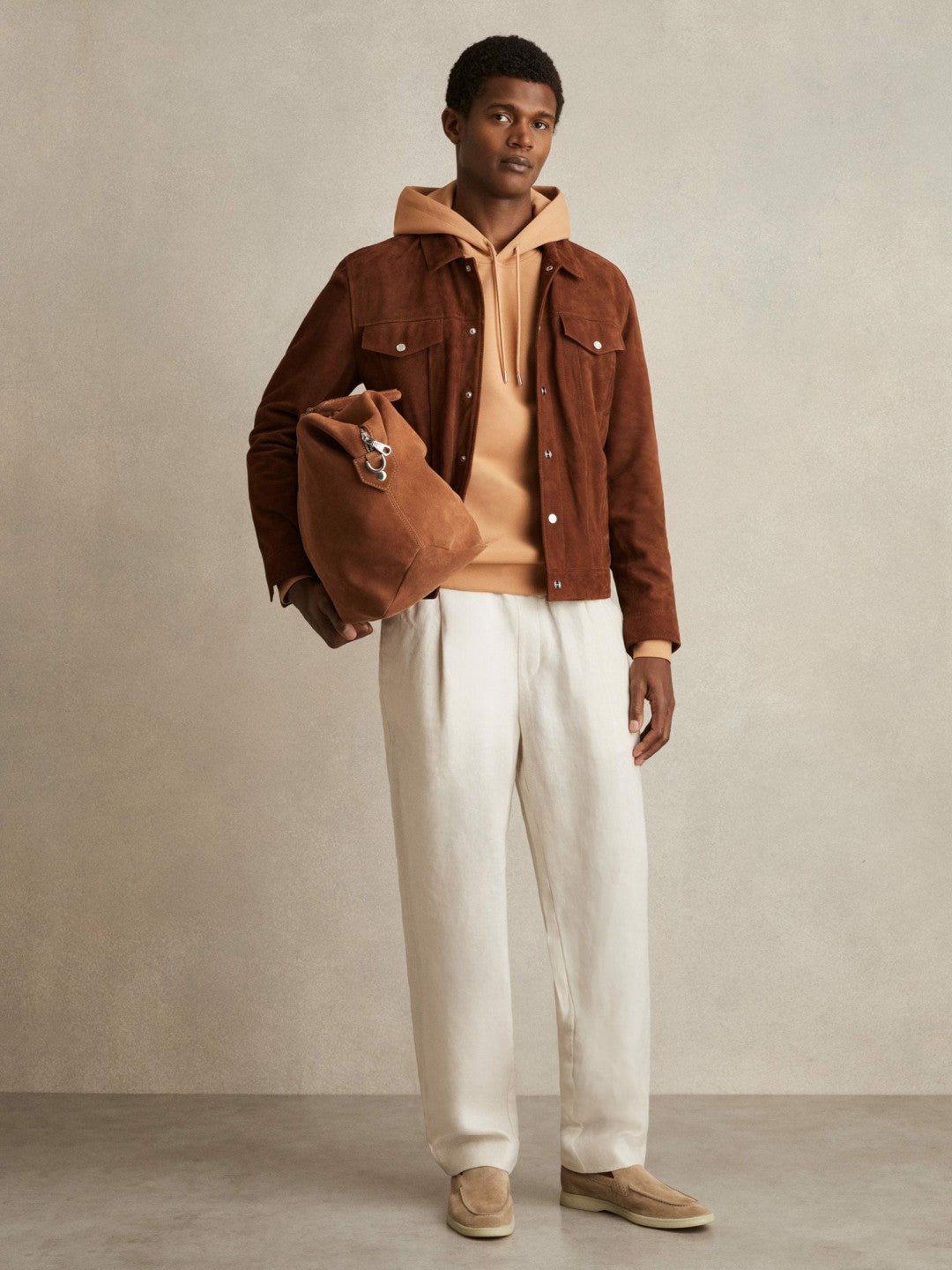 Interlock Jersey Drawstring Hoodie in Light Camel Brown Men | Reiss