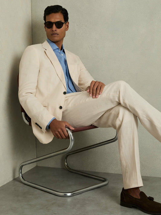 Slim-Fit Single Breasted Linen Blazer in Stone Men | Reiss