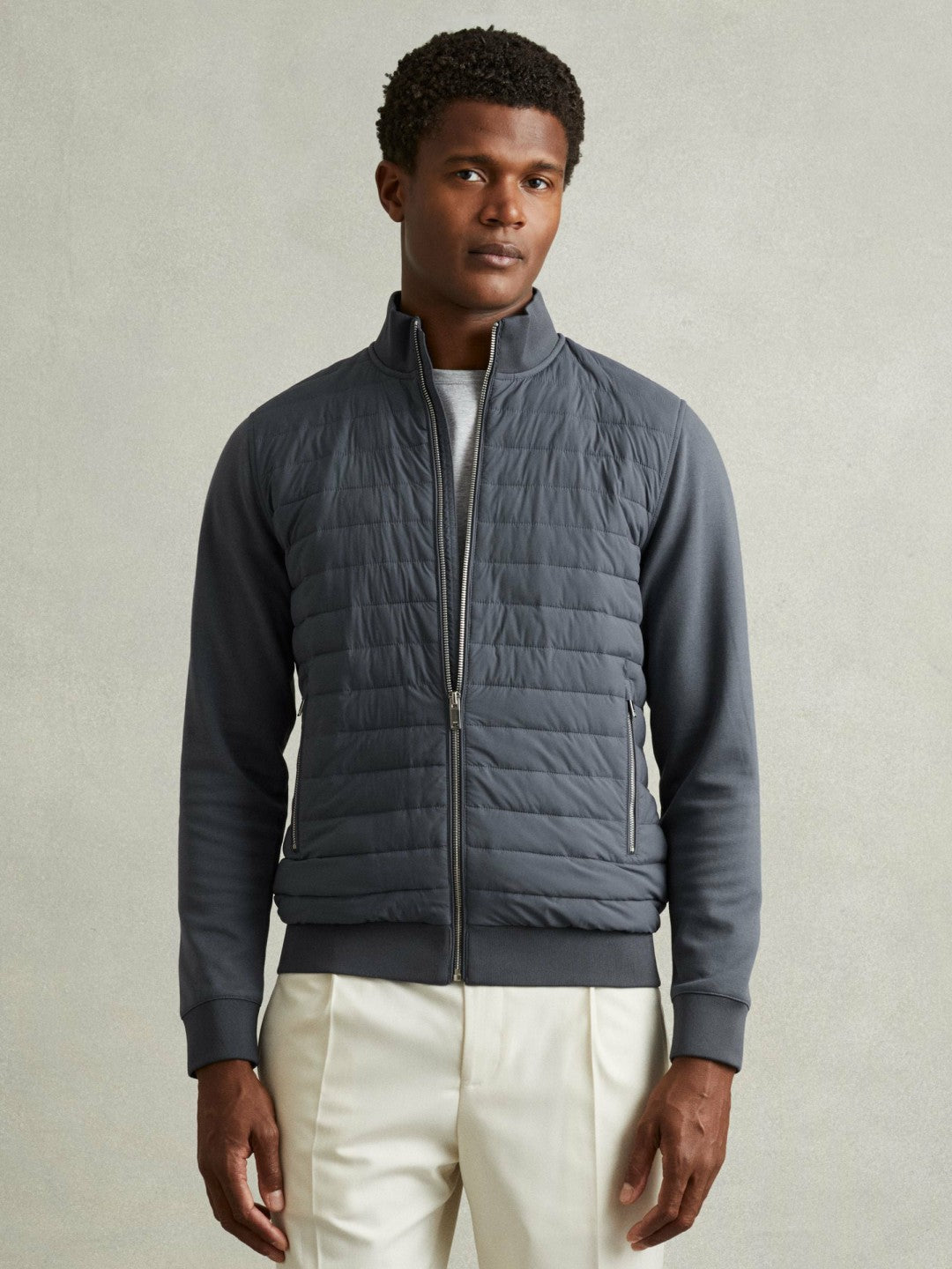 Hybrid Quilt and Knit Zip-Through Jacket in Airforce Blue Men | Reiss