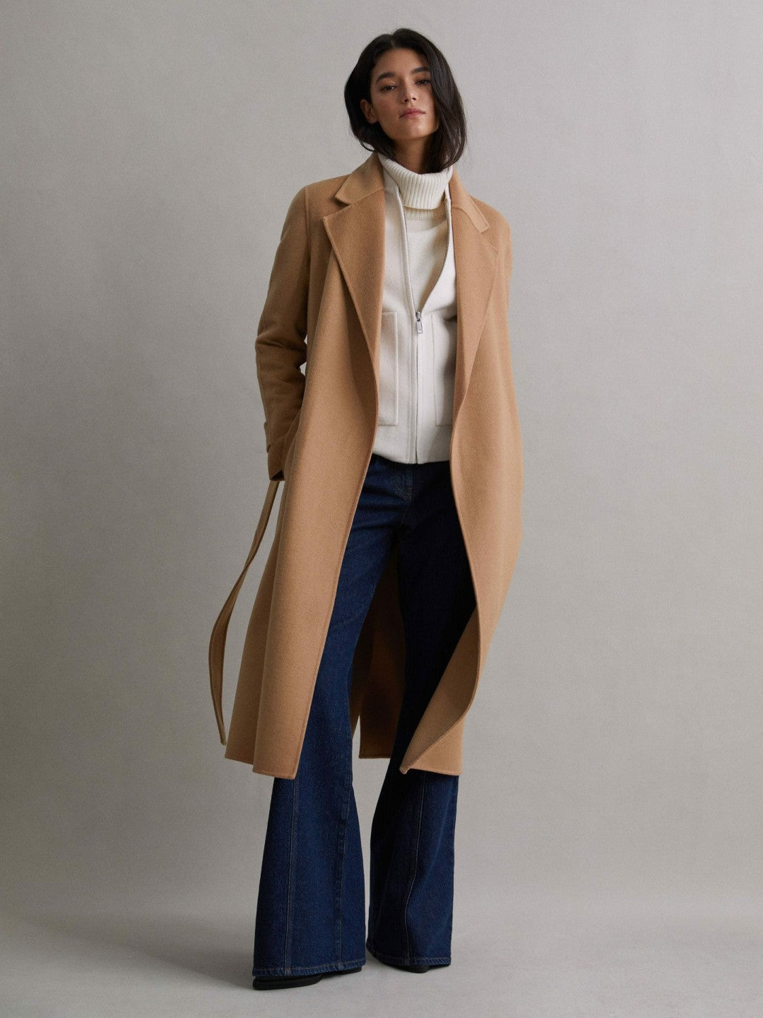 Wool Blend Belted Blindseam Coat in Camel Women | Reiss
