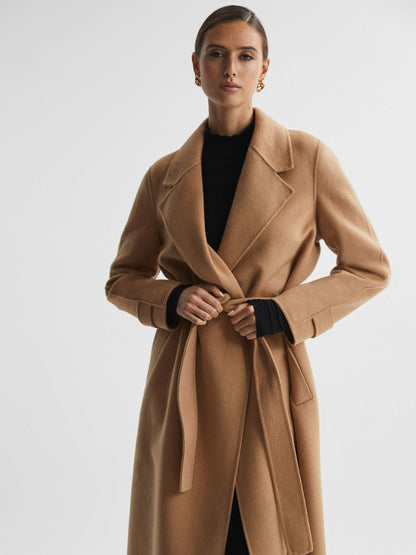 Wool Blend Belted Blindseam Coat in Camel Women | Reiss