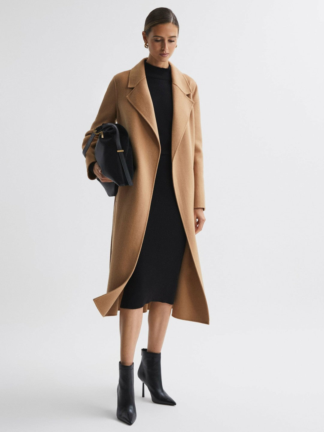 Wool Blend Belted Blindseam Coat in Camel Women | Reiss