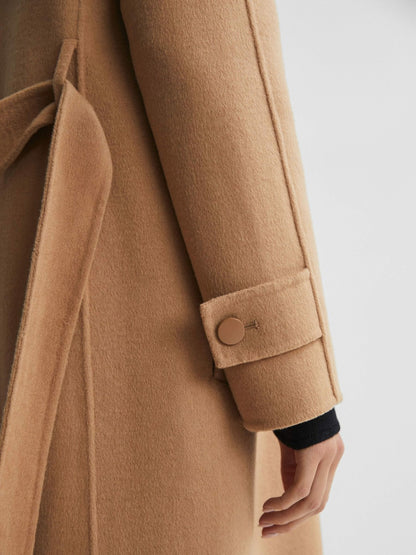 Wool Blend Belted Blindseam Coat in Camel Women | Reiss