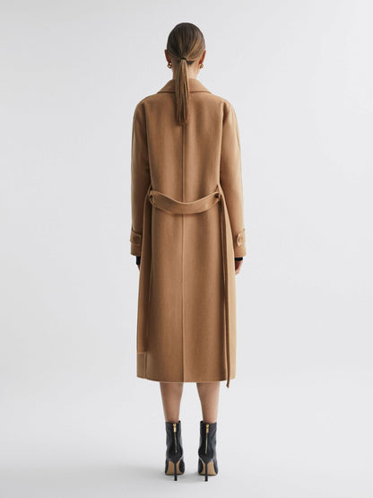 Wool Blend Belted Blindseam Coat in Camel Women | Reiss