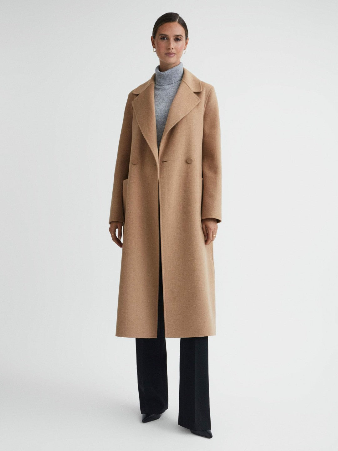 Long Wool Blend Blindseam Coat in Camel Women | Reiss