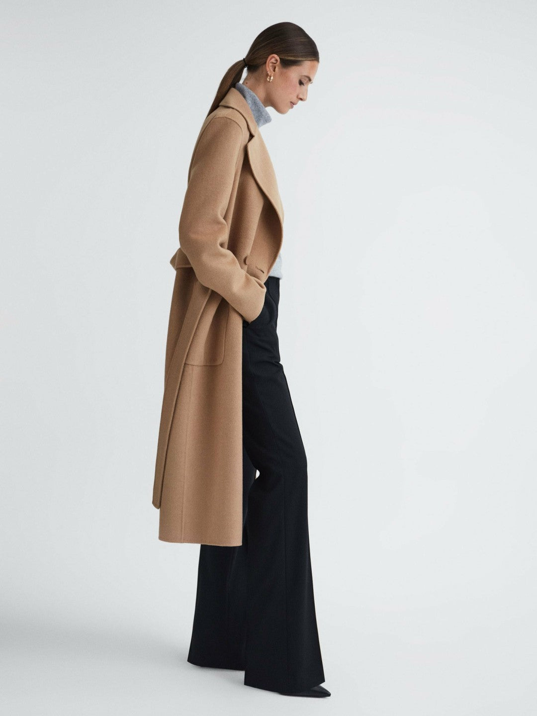 Long Wool Blend Blindseam Coat in Camel Women | Reiss