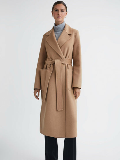 Long Wool Blend Blindseam Coat in Camel Women | Reiss