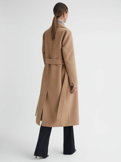 Long Wool Blend Blindseam Coat in Camel Women | Reiss