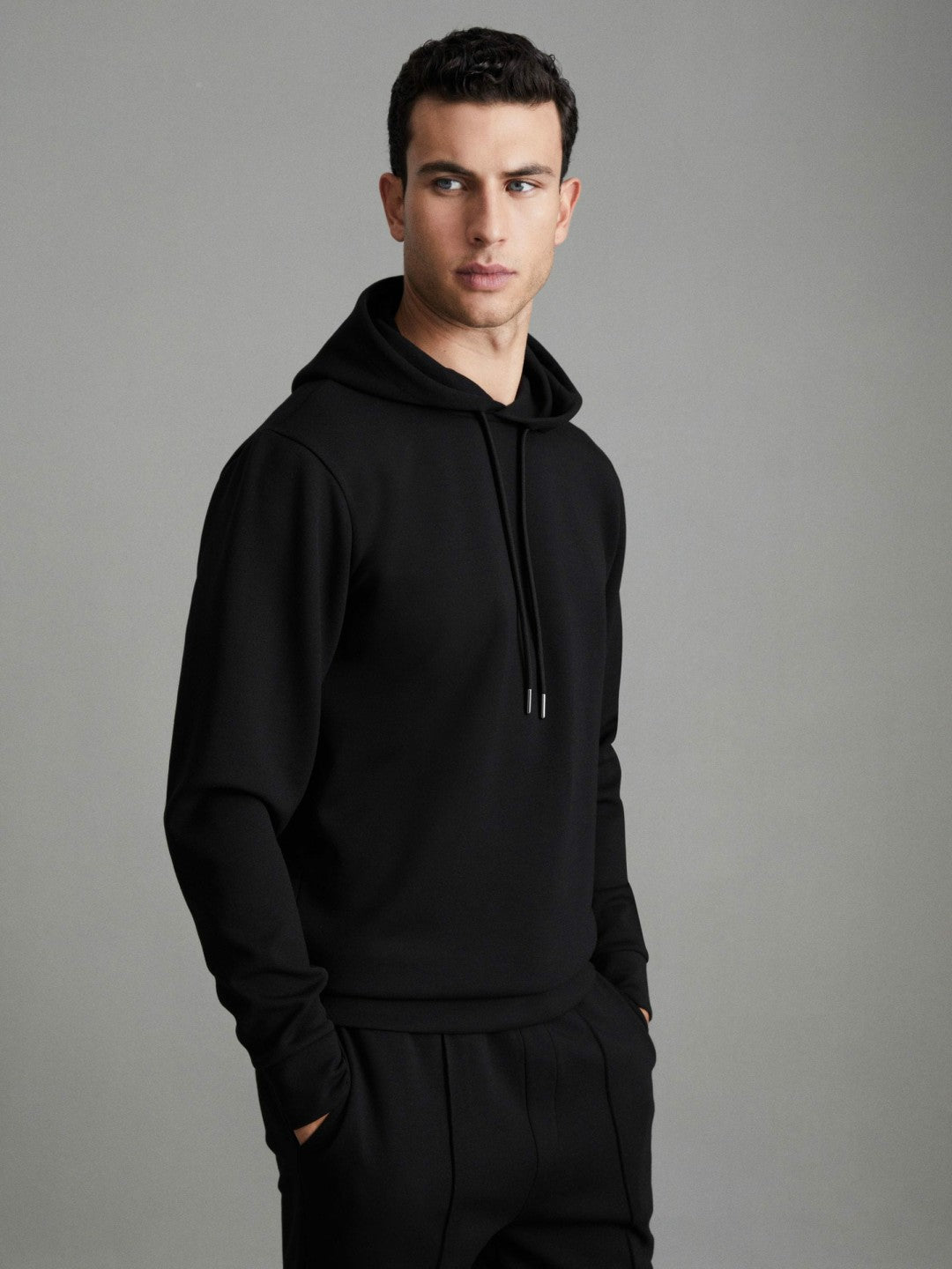 Interlock Jersey Drawstring Hoodie in Black Men | Reiss