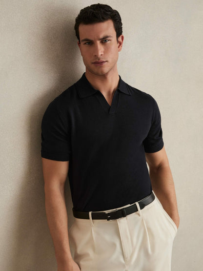Merino Wool Open Collar Polo Shirt in Navy Men | Reiss