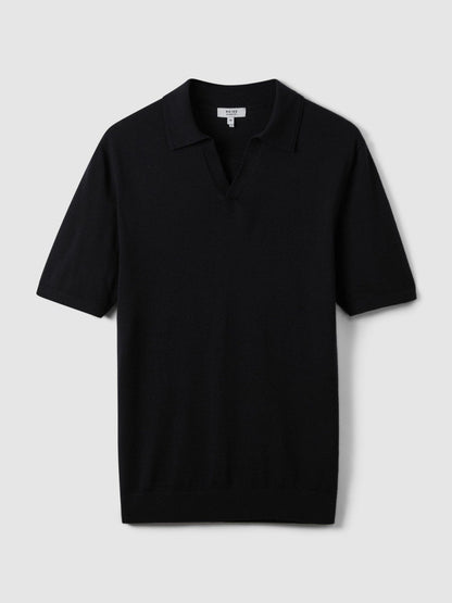 Merino Wool Open Collar Polo Shirt in Navy Men | Reiss