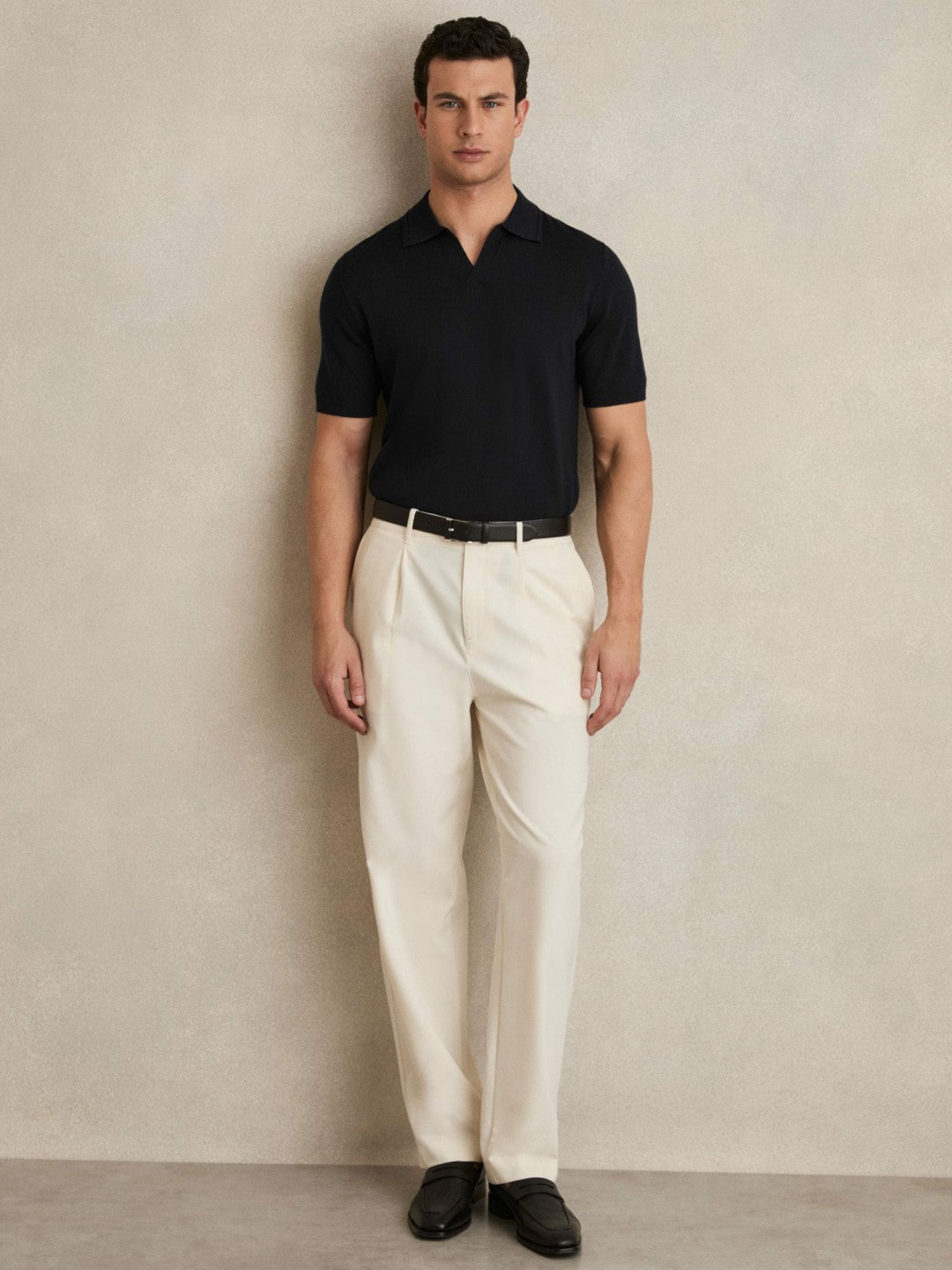 Merino Wool Open Collar Polo Shirt in Navy Men | Reiss