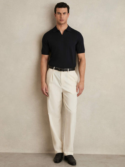Merino Wool Open Collar Polo Shirt in Navy Men | Reiss