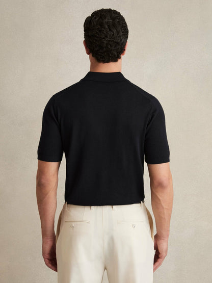 Merino Wool Open Collar Polo Shirt in Navy Men | Reiss