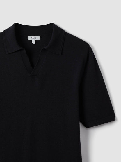 Merino Wool Open Collar Polo Shirt in Navy Men | Reiss