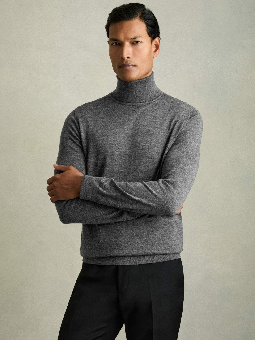 Slim Fit Merino Wool Roll Neck Jumper in Derby Grey Marl Men | Reiss