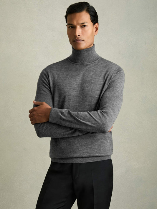 Slim Fit Merino Wool Roll Neck Jumper in Derby Grey Marl Men | Reiss