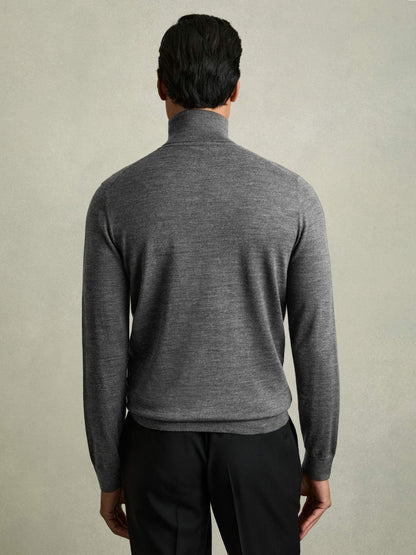 Slim Fit Merino Wool Roll Neck Jumper in Derby Grey Marl Men | Reiss