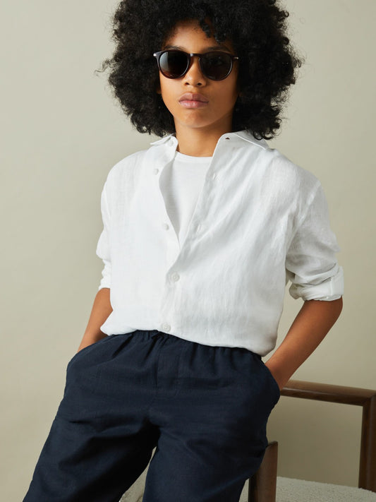 9-13 yrs Striped Linen Cutaway Collar Shirt in White Children & Baby | Reiss