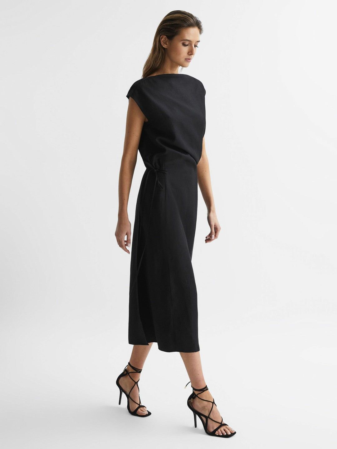Premium Linen Blend Open-Back Midi Dress in Black Women | Reiss