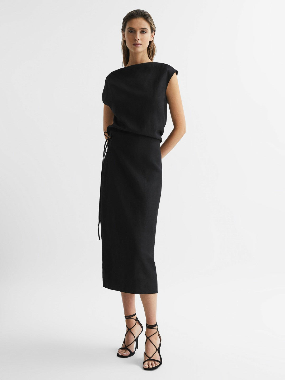 Premium Linen Blend Open-Back Midi Dress in Black Women | Reiss