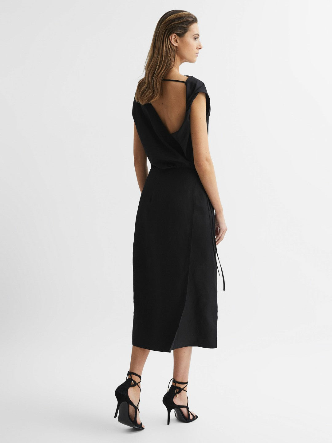 Premium Linen Blend Open-Back Midi Dress in Black Women | Reiss