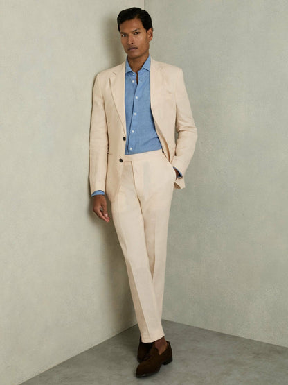 Slim Fit Linen Adjuster Trousers in Stone Men | Reiss
