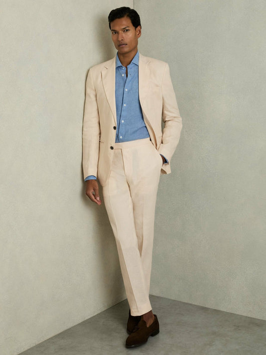 Slim Fit Linen Adjuster Trousers in Stone Men | Reiss
