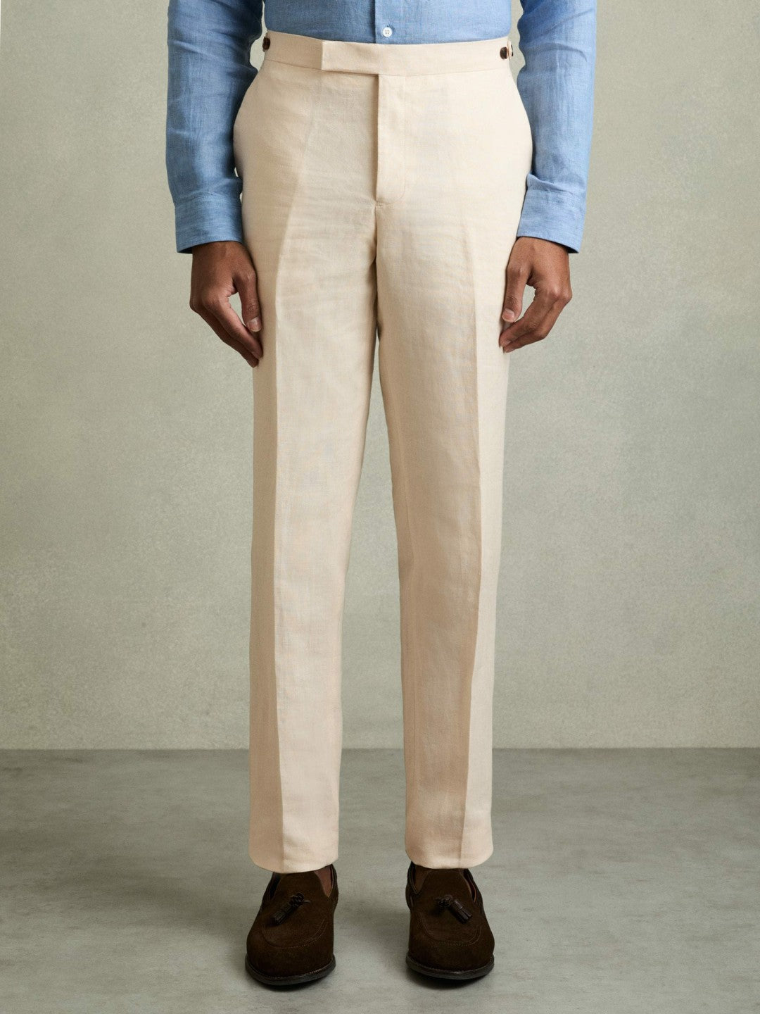 Slim Fit Linen Adjuster Trousers in Stone Men | Reiss