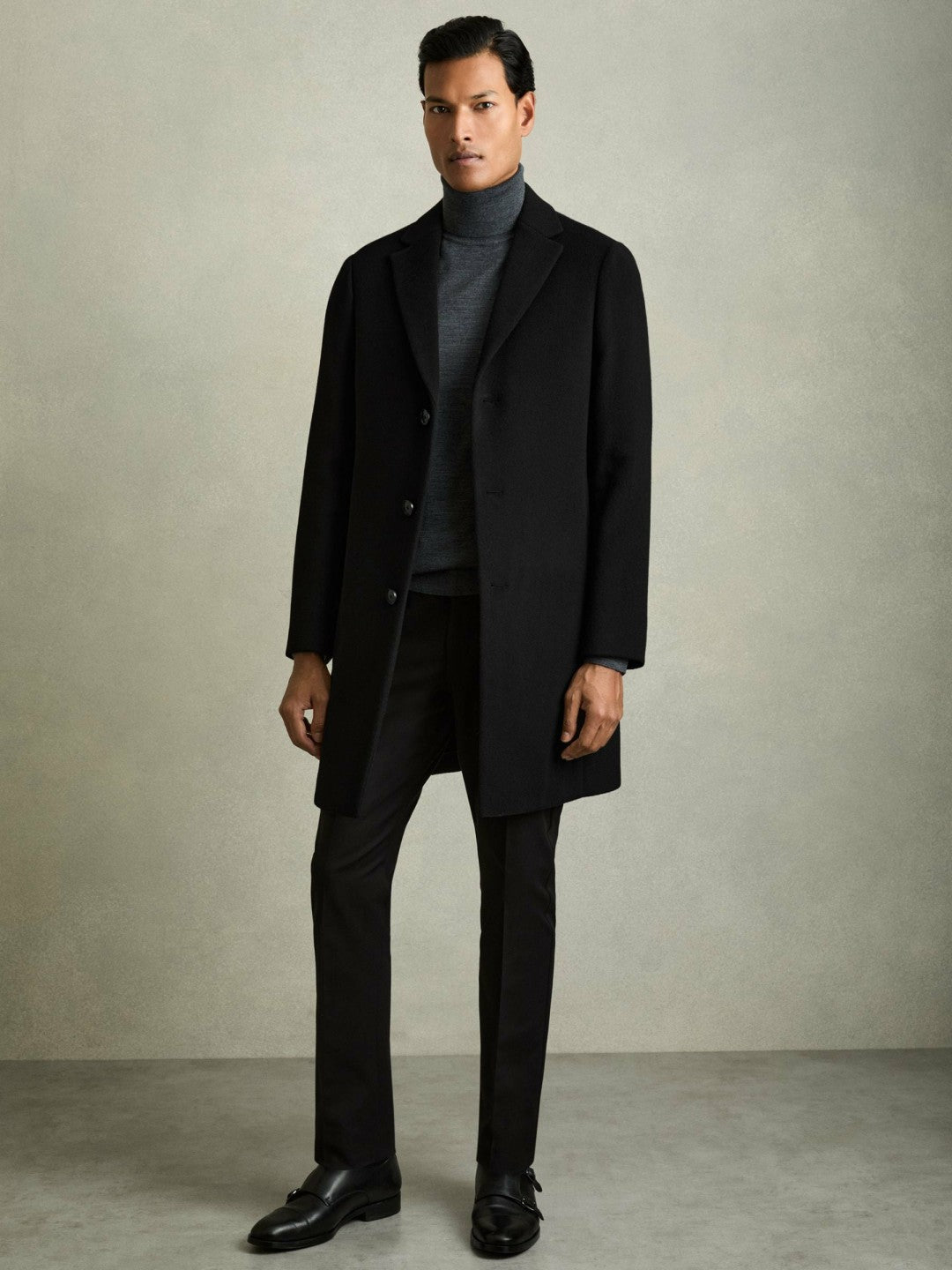 Wool Blend Single Breasted Epsom Overcoat in Black Men | Reiss