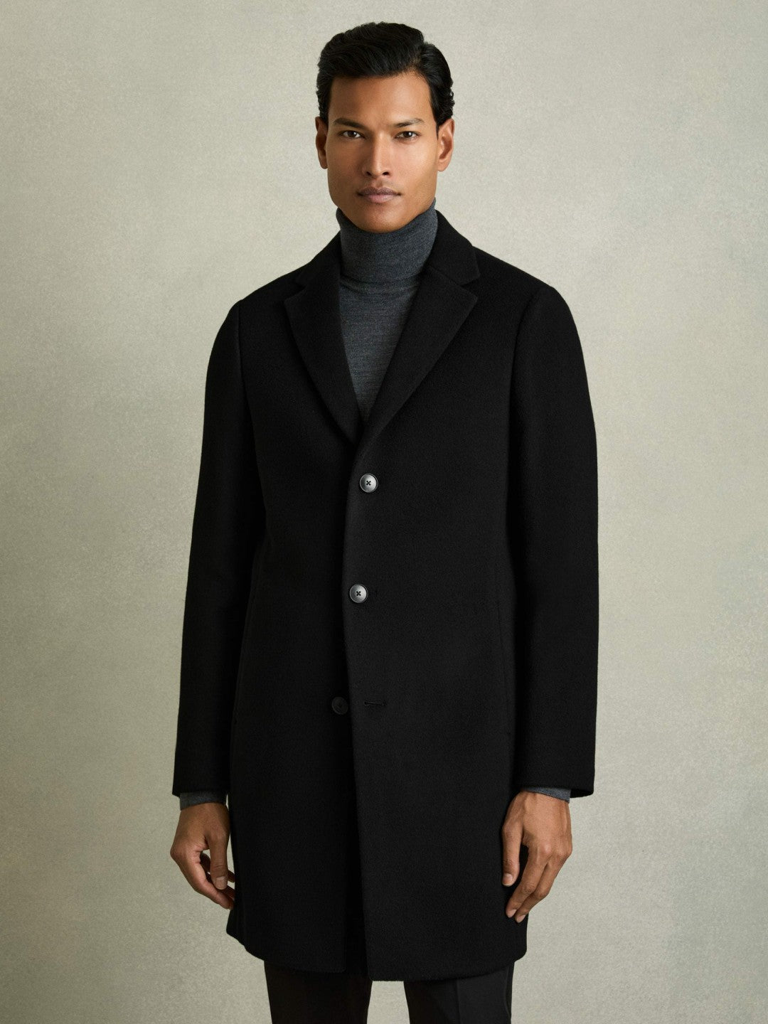 Wool Blend Single Breasted Epsom Overcoat in Black Men | Reiss