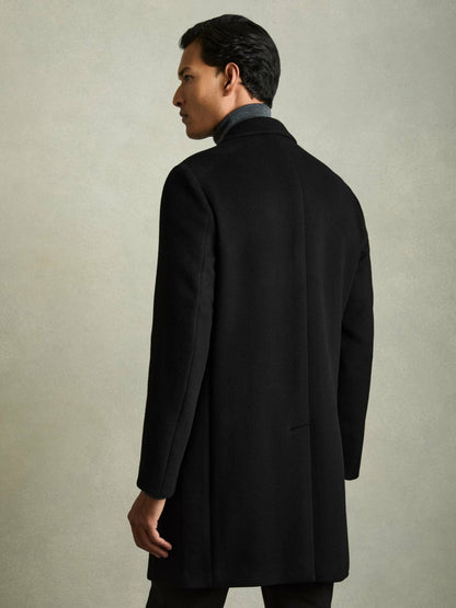 Wool Blend Single Breasted Epsom Overcoat in Black Men | Reiss