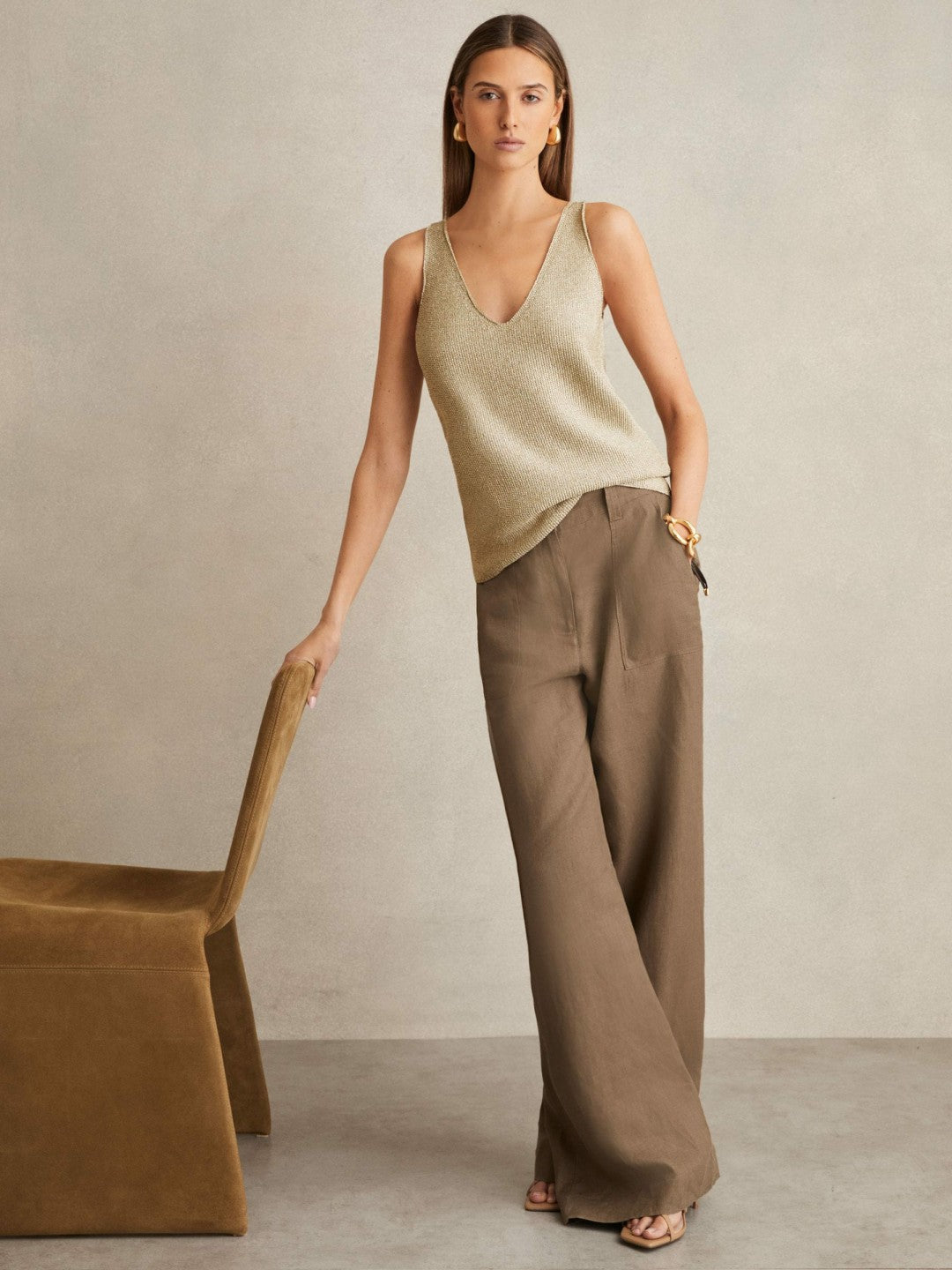 Metallic V-Neck Vest in Gold Women | Reiss