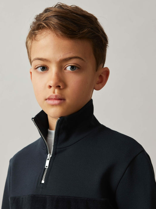 9-13 yrs Slim Fit Half-Zip Funnel Neck Velour Sweatshirt in Navy Children & Baby | Reiss
