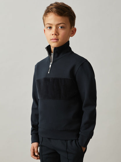 9-13 yrs Slim Fit Half-Zip Funnel Neck Velour Sweatshirt in Navy Children & Baby | Reiss