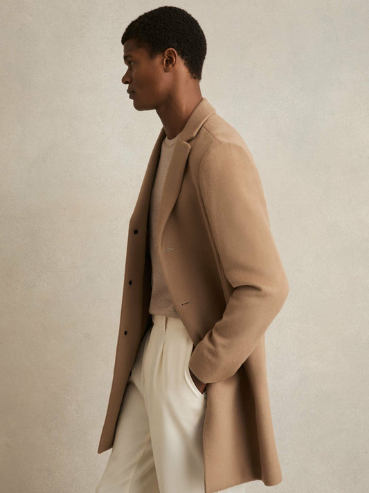 Wool Blend Single Breasted Epsom Overcoat in Camel Men | Reiss