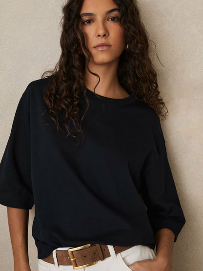 Oversized Cotton Crew Neck T-Shirt in Navy Women | Reiss