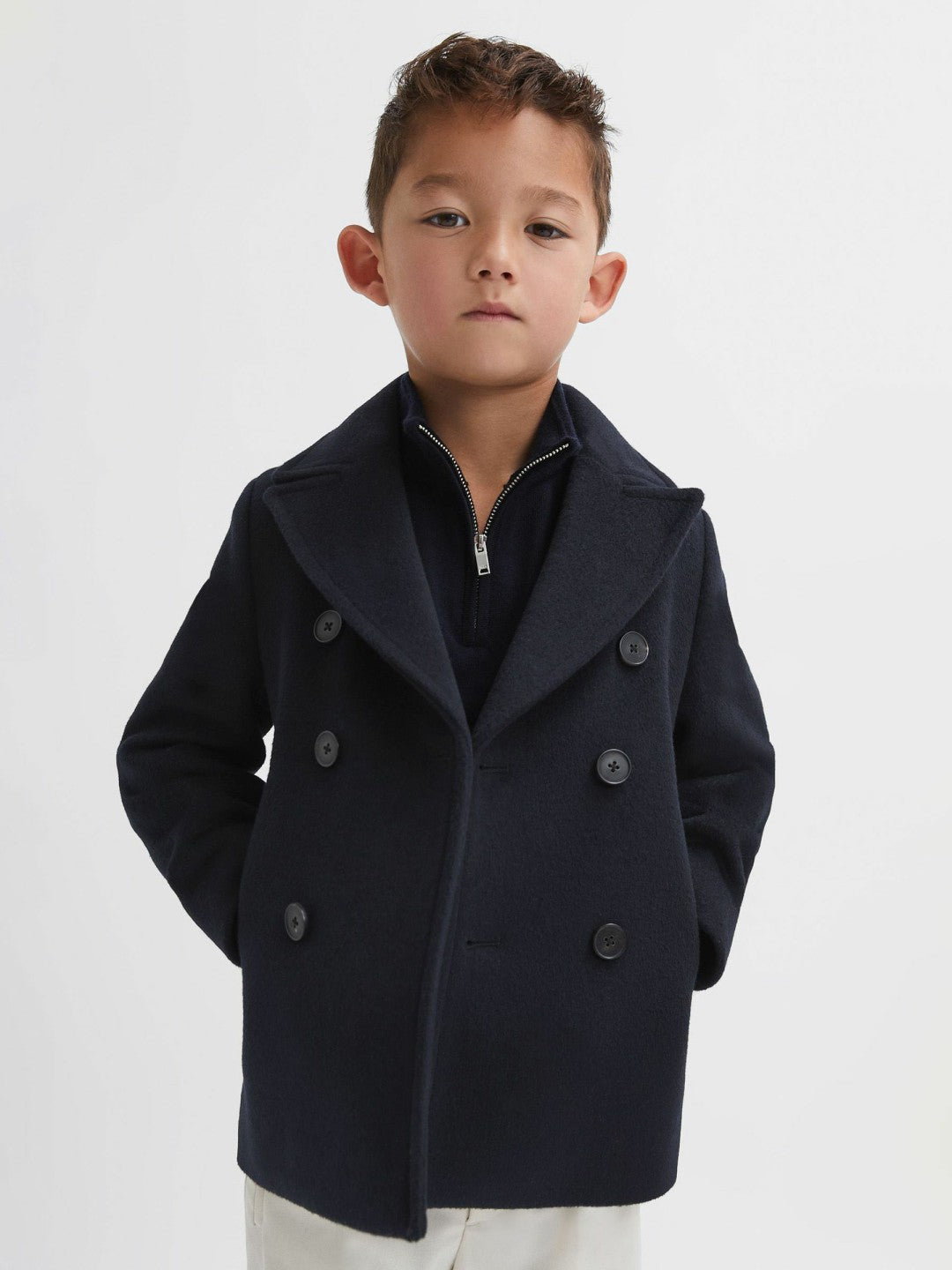 9-13 yrs Wool Blend Twill Double Breasted Coat in Navy Children & Baby | Reiss