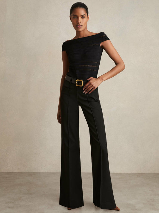 Petite High Rise Flared Trousers in Black Women | Reiss