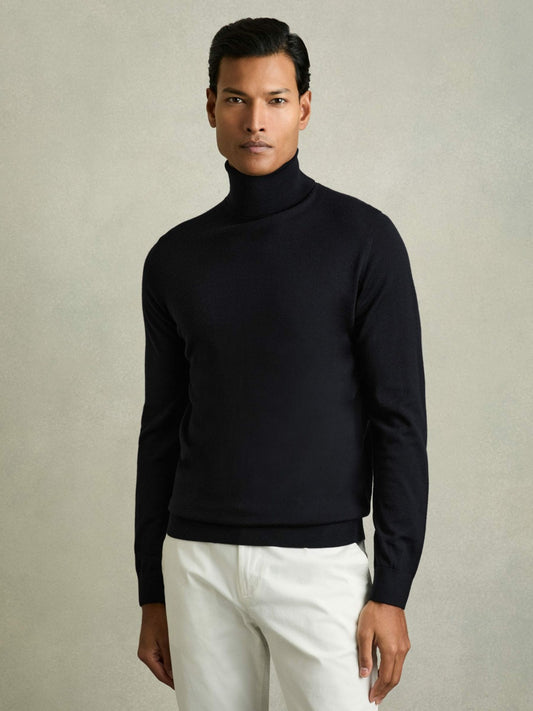 Slim Fit Merino Wool Roll Neck Jumper in Navy Men | Reiss