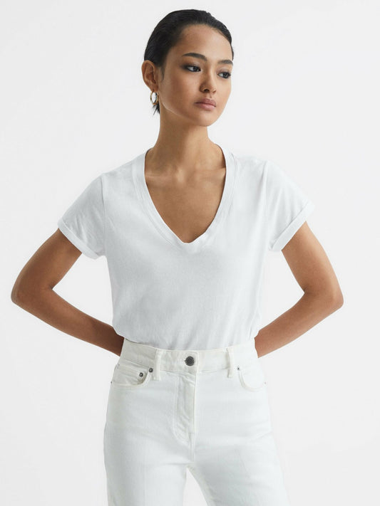 Cotton-Jersey V-Neck T-Shirt in White Women | Reiss