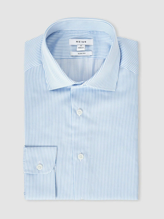 Slim Fit Cotton-Satin Cutaway-Collar Shirt in Blue Stripe Men | Reiss